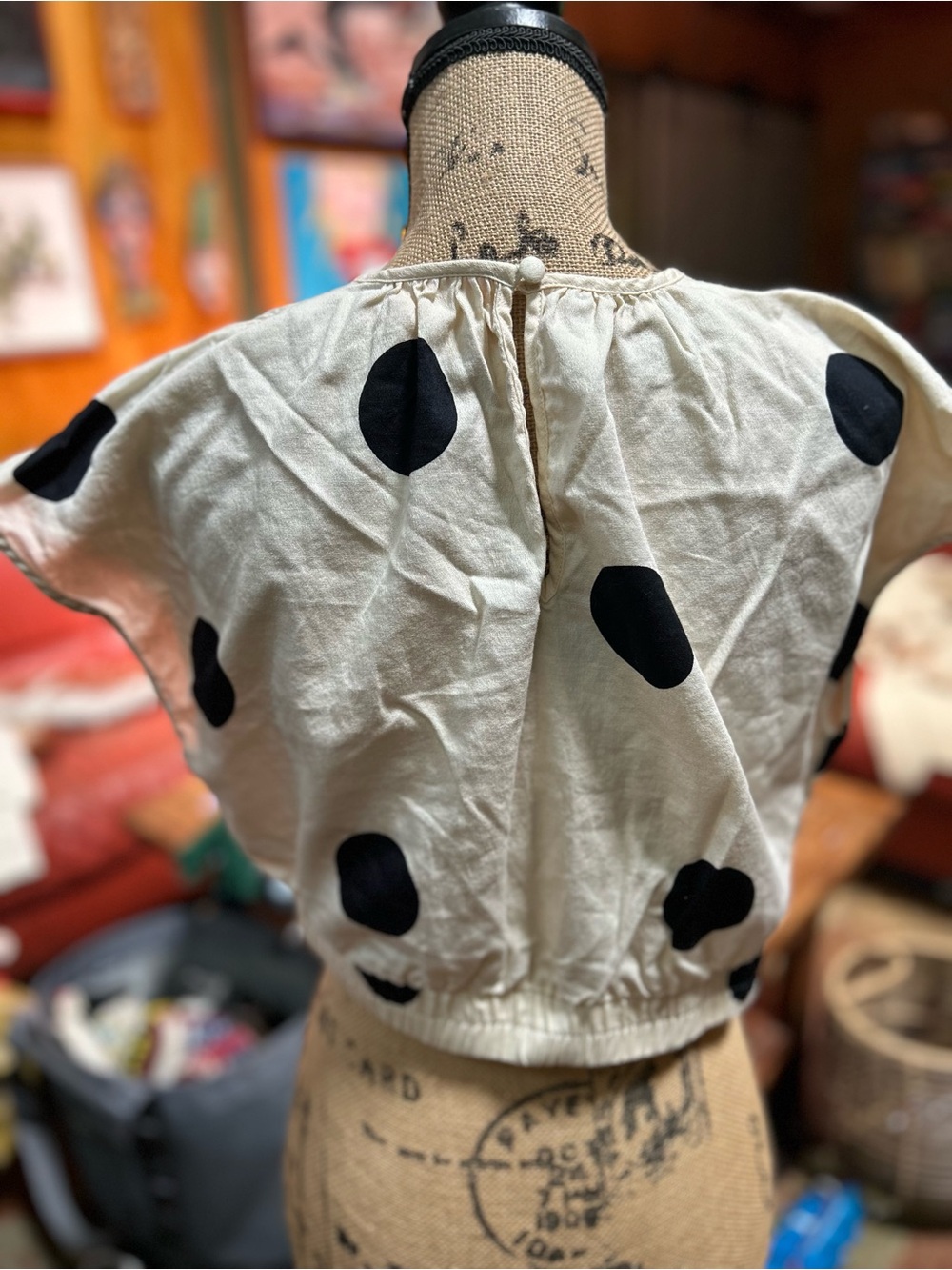 Casual Polka Dot Crop Top - White with Black Dots - Picture 2 of 4